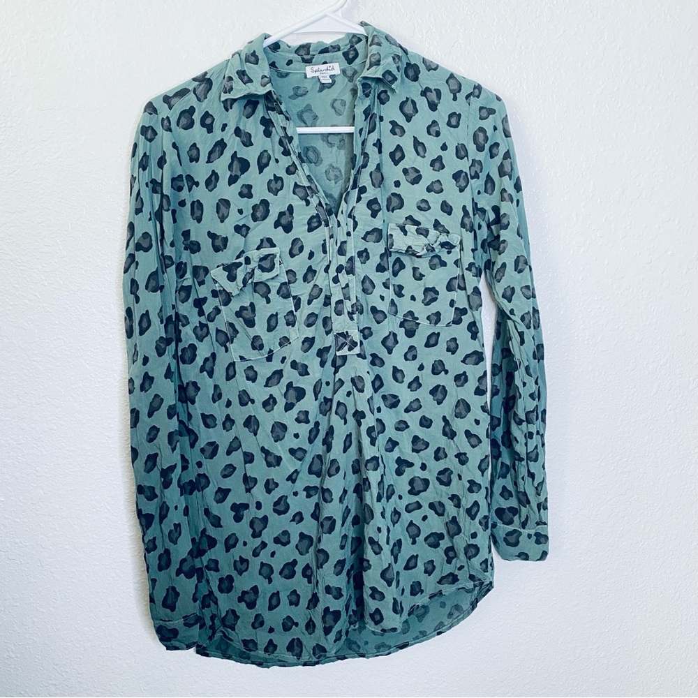 🍓 Splendid Boho Green Leopard Animal Print Pullover Roll Tab Sleeve Shirt Small